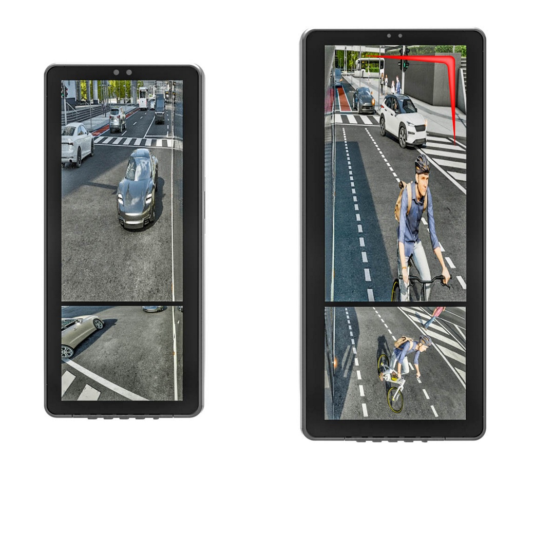 Two screens displaying street scenes from the perspective of a vehicle's dashboard. The left screen shows a car at an intersection with pedestrians. The right screen depicts a cyclist being hit by a vehicle in a similar street setting.